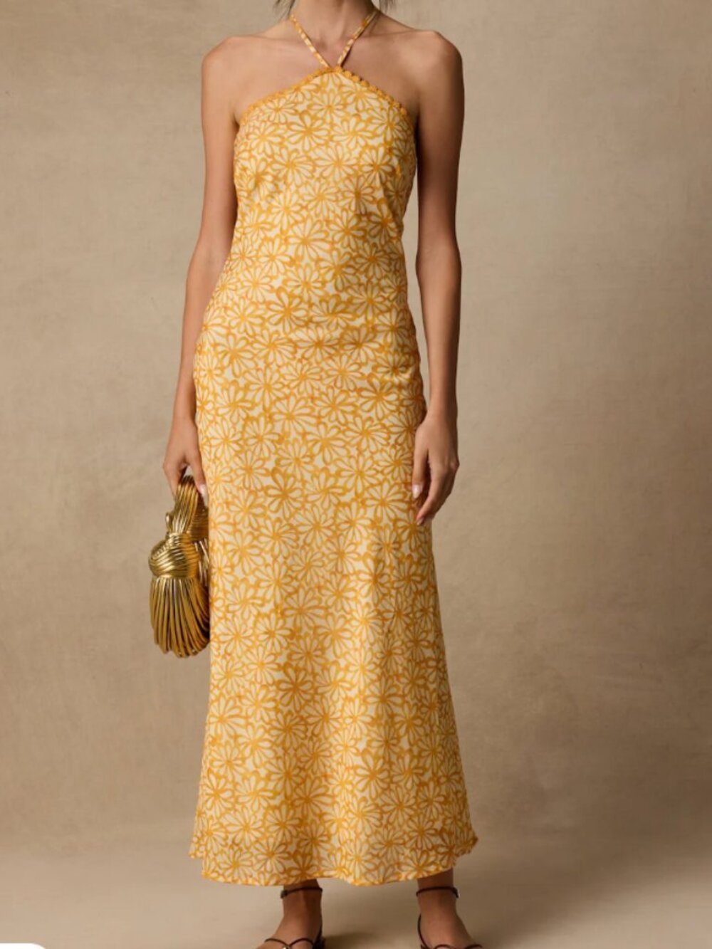 Yellow Floral Halter Midi Dress Romantic Summer Wedding Guest Dress Halter Dress